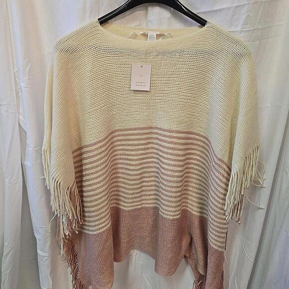 Lauren Conrad Knit Poncho Pullover Shawl Sweater‎ Ivory Rose Pink With Fringe OS - Picture 9 of 12